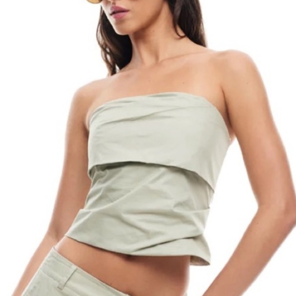 Zara NWT khaki olive pale green zipper back pleated folded corset top